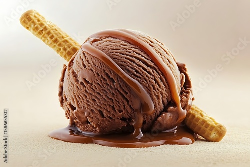 A scoop of rich chocolate ice cream with caramel drizzle, garnished with a wafer stick, set against a solid cream-colored background.