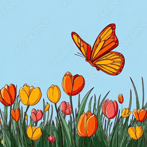 Vibrant butterfly in a colorful garden scene