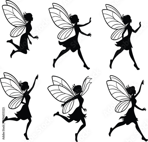 Six silhouettes of fairies in various dancing poses