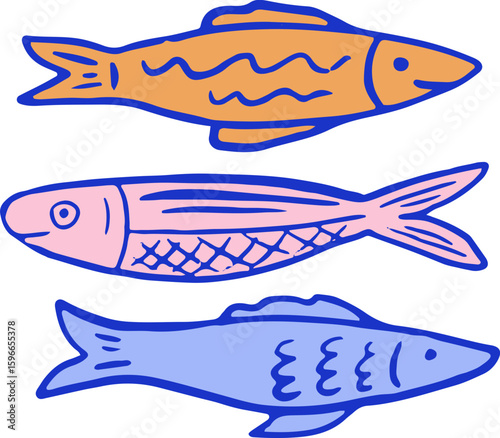 Vintage Pastel Three Fishes Illustration 