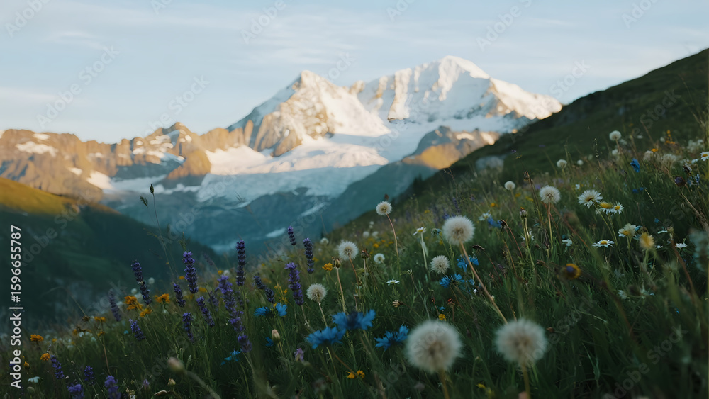 Fototapeta premium Vast Ili Valley lavender bloom at dawn beneath sunlit alpine peaks 