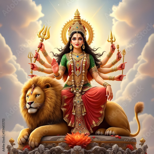 Majestic Durga Devi atop a Lion, Hindu Goddess