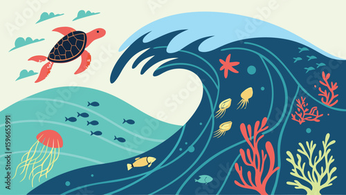 A vibrant ocean scene featuring a sea turtle, jellyfish, fish, coral, and a large wave with marine life