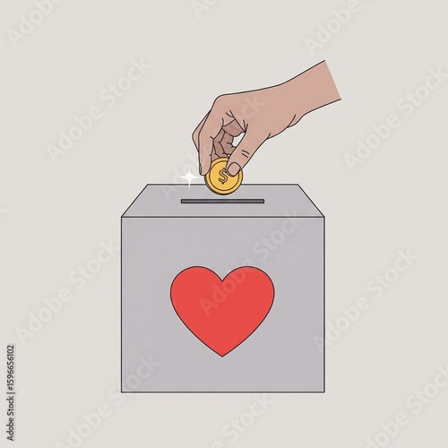 Charity and donation concept, a hand putting a gold coin into a donation box with a heart symbol to support a cause.