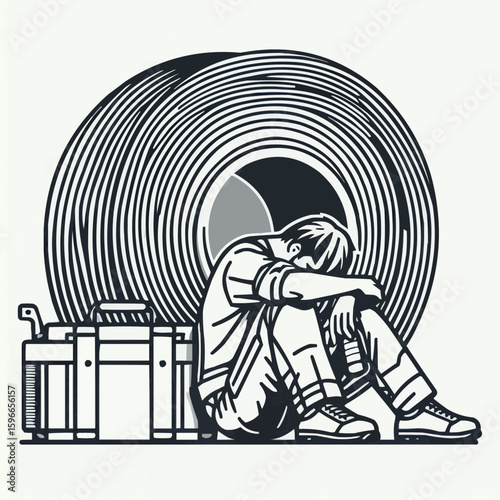 Exhausted factory worker sitting against a large spool in a gritty industrial setting
