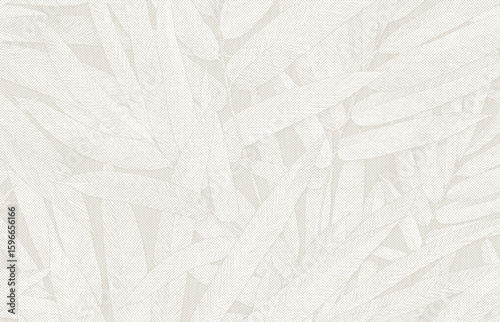Seamless beige halftone pattern of overlapping tropical leaves with vintage botanical engraving texture.