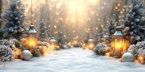 Fototapeta Naklejka Na Ścianę i Meble -  Snowy forest path with glowing lanterns and festive ornaments winter