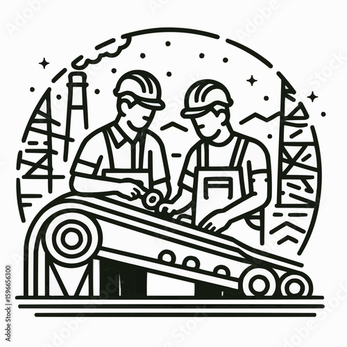 Mentor and apprentice with serious expression working on industrial conveyor in factory setting
