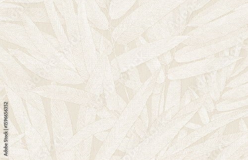 Seamless beige halftone pattern of overlapping tropical leaves with vintage botanical engraving texture.