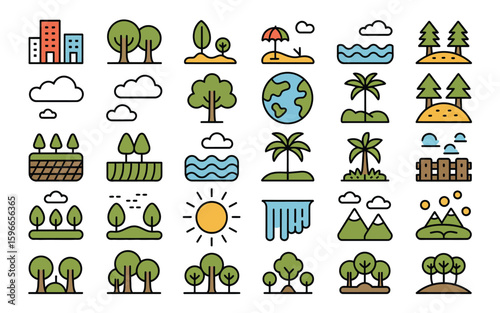 Landscape Icons Set Including City Buildings, Sunny Skies, Hills, Water Streams, and Industrial Zones – Ideal for Infographics, UI/UX Design, and Environmental Concepts