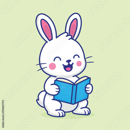 Cute White Bunny Reading a Book and Smiling