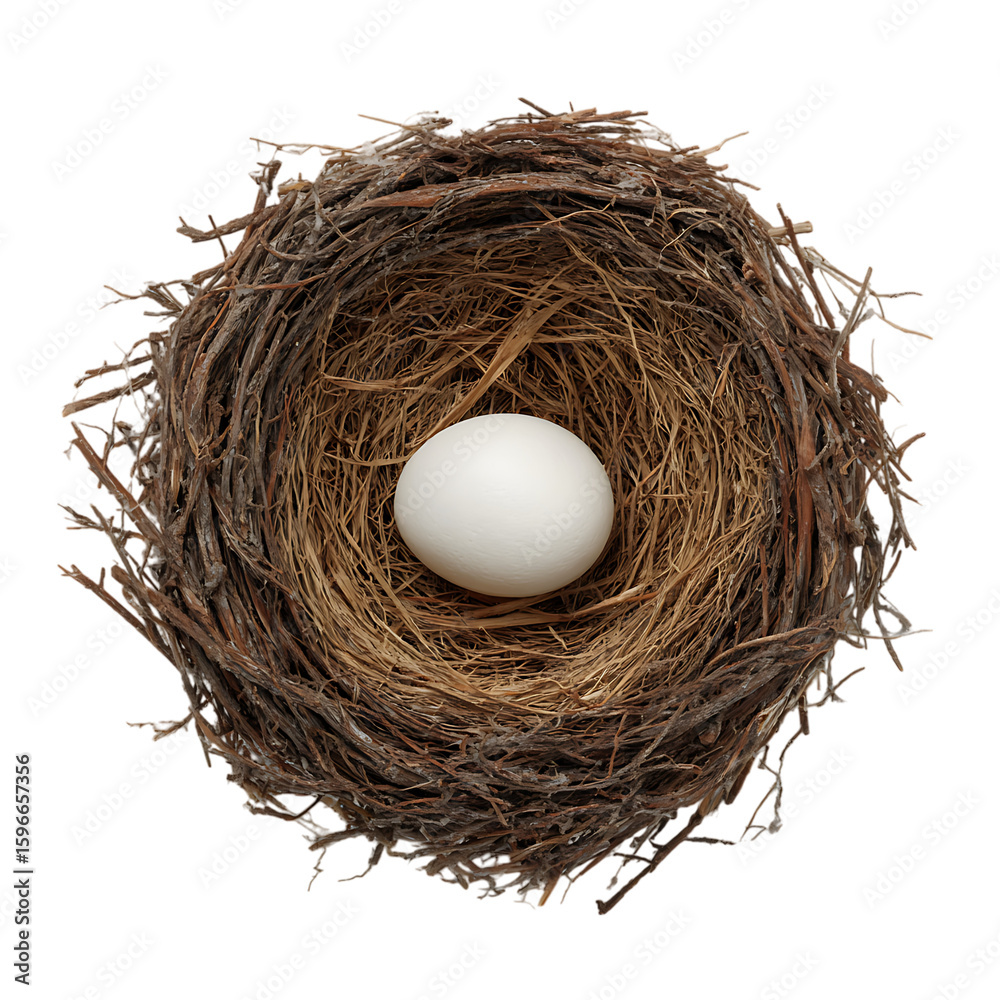 Obraz premium Single white egg nestled in a bird's nest.
