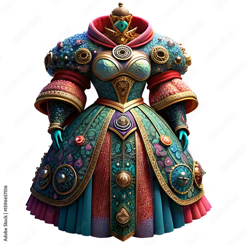 Naklejka premium Ornate fantasy gown with intricate embellishments in teal. gold. and ruby tones.