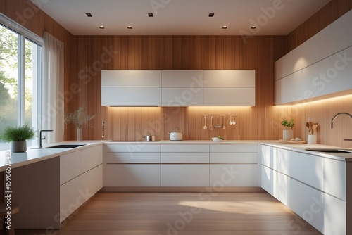 Modern Minimalist Kitchen with White Cabinets and Wood Panel Walls – 3D Render

