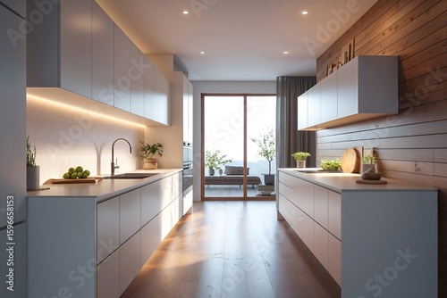 Modern Minimalist Kitchen with White Cabinets and Wood Panel Walls – 3D Render
