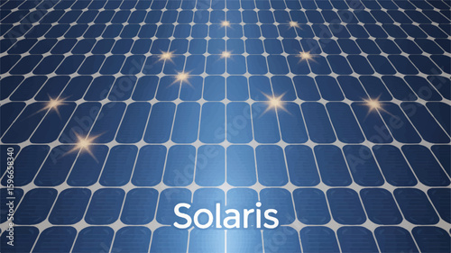 Digital Illustration of Solar Panels with Glowing Sunbursts and Text
