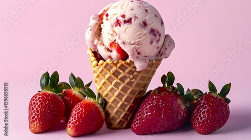 A scoop of vibrant strawberry ice cream in a classic waffle cone, adorned with fresh strawberries, set against a pastel pink solid background.
