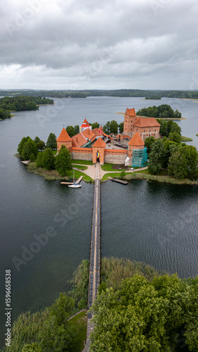 Aerial view of a Trakai castle on a small island in a lake in Lithuania