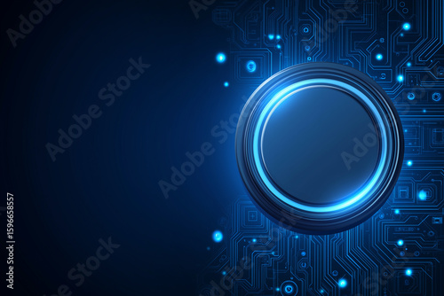 A futuristic AI tech banner features a glowing circuit board on a blue background with a central button, ideal as a digital vector design for web posters or modern presentations.