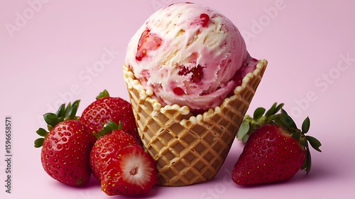A scoop of vibrant strawberry ice cream in a classic waffle cone, adorned with fresh strawberries, set against a pastel pink solid background.