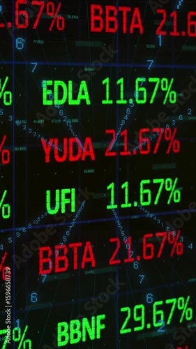 Animation of binary coding and stock market data processing against black background