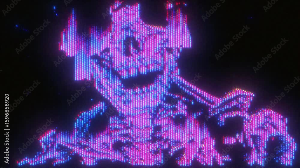 4K Glitch skeleton overlay with neon pink pixel distortion and CRT scanlines, digital noise for motion graphics, screen mode, horror glitch effect, glitch transition pack