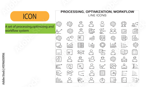 A set of data processing, optimization and workflow line icon.