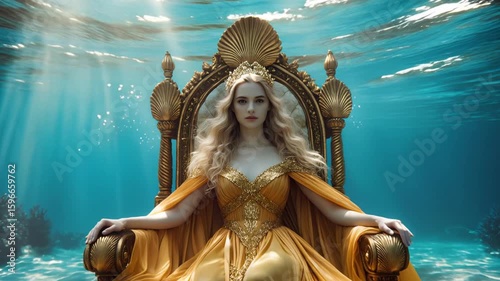 Majestic Underwater Queen Sitting on a Golden Throne with Flowing Blonde Hair and Regal Gown Illuminated