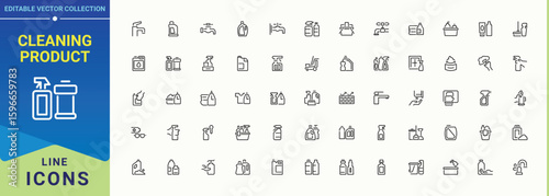 Set of Cleaning Product line icon. Pictograms of wash, detergent, disinfection, home cleaning, cleaner, dishwasher and more. Icons for application. Washing icon set. Vector illustration.