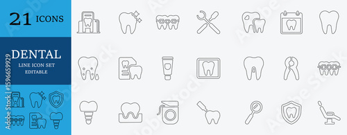 Dental line icon set including teeth, dentist, braces, implant, toothbrush, hygiene, mouthwash, treatment, smile, oral care. Editable vector.