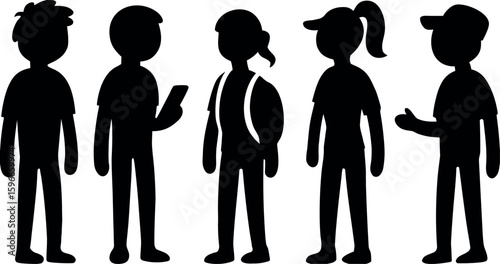 Silhouette illustration of diverse people standing together, a group of students or friends