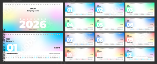 Desktop calendar for 2026. Template for branded souvenirs, copy space, soft, blurred gradient background. Set of 12 pages and cover. Horizontal, 210x100mm, English.