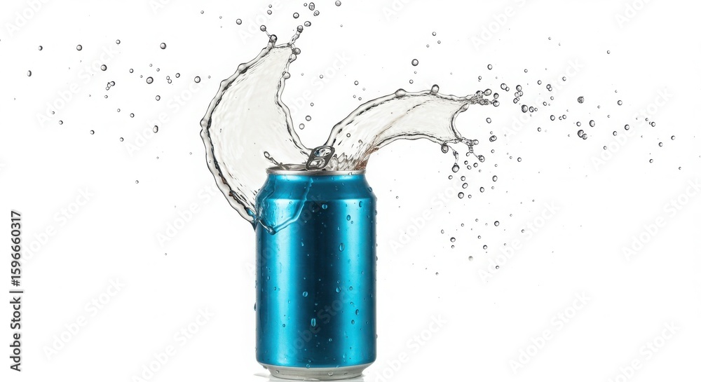 Obraz premium Blue aluminum can with dynamic water splash and droplets isolated on white background