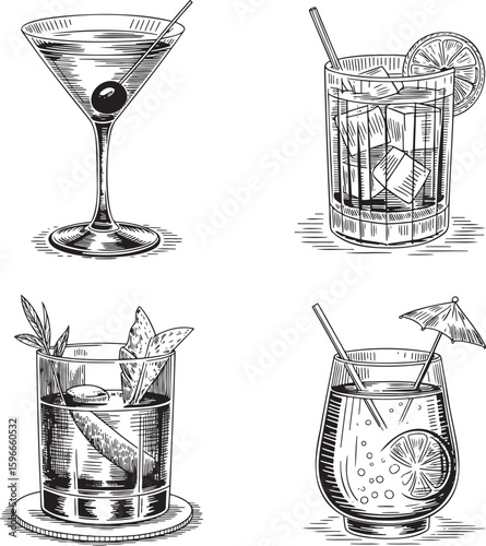 Hand drawn style Alcoholic cocktail set isolated on transparent background