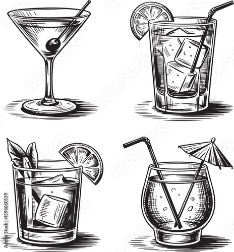 Hand drawn style Alcoholic cocktail set isolated on transparent background