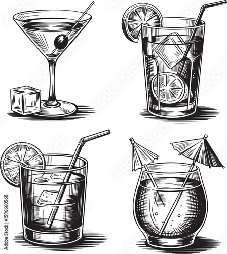 Hand drawn style Alcoholic cocktail set isolated on transparent background