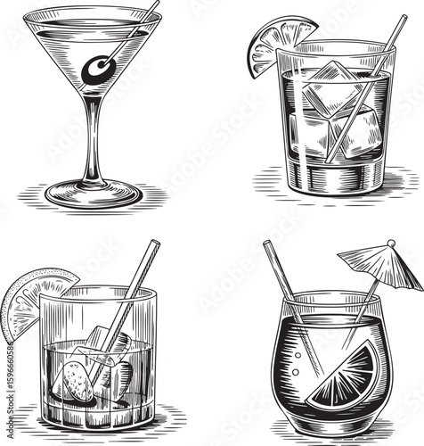 Hand drawn style Alcoholic cocktail set isolated on transparent background
