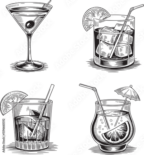 Hand drawn style Alcoholic cocktail set isolated on transparent background