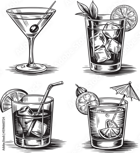 Hand drawn style Alcoholic cocktail set isolated on transparent background