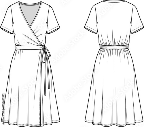 CAD flat vector illustration of short sleeve wrap dress with waist tie, flared hem, back elastic, technical fashion sketch