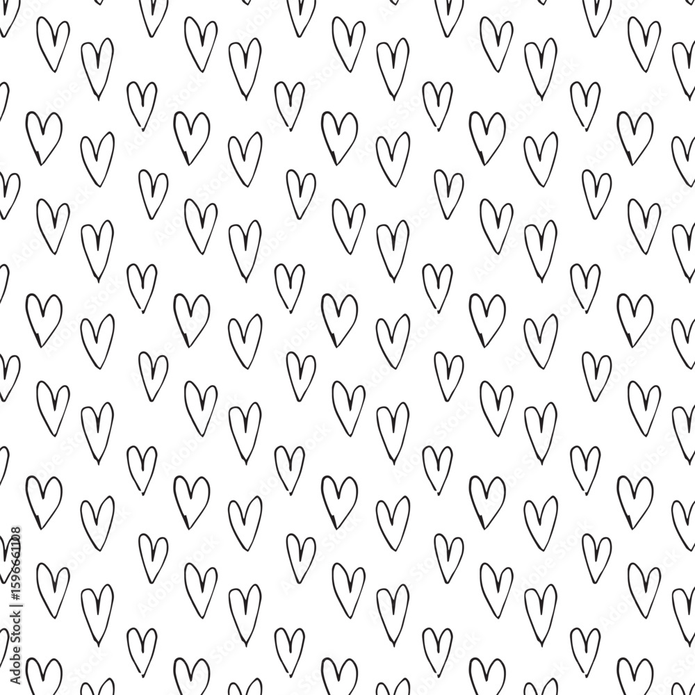 Fototapeta premium Black heart seamless pattern. Black and white ink brush hearts hand drawn ornament. 