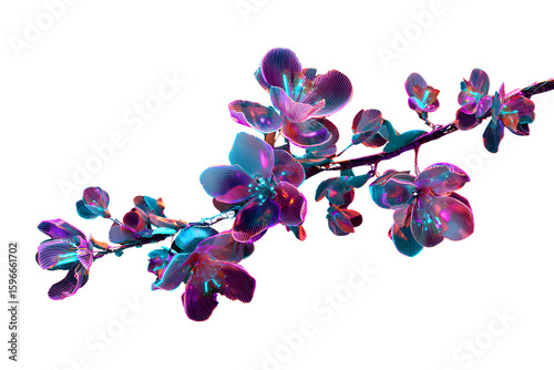 Futuristic Neon-Glow Tree Branch with Holographic Flowers, Cyberpunk Style, Isolated on Transparent Background.
