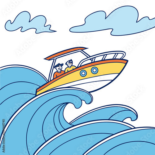 A motorboat cuts through choppy blue ocean waves