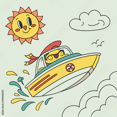 Happy sun and boat speeding on the water