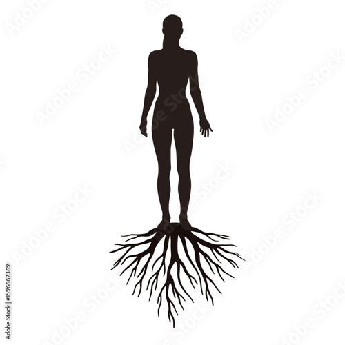 Silhouette of person with roots growing from feet representing grounding and therapy  