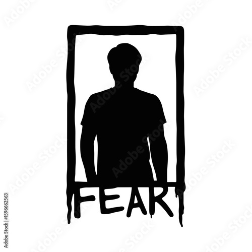 Silhouette of person trapped in box labeled fear, concept of psychological support, therapy, counseling, self-improvement  