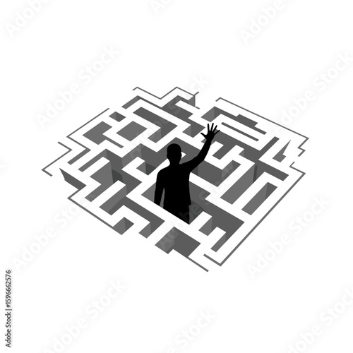 Silhouette of person reaching out from maze searching for help  