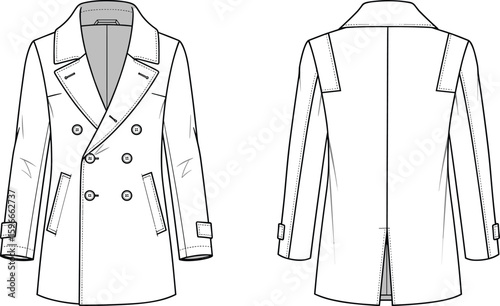 Double-breasted trench coat fashion flat sketch, front and back view, classic outerwear template, buttoned coat, vector illustration, technical drawing
