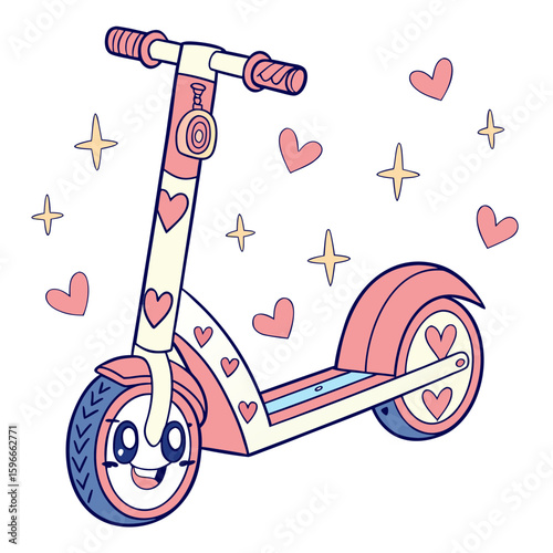 Cute scooter character with hearts and sparkles