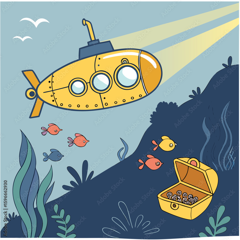 Obraz premium A yellow submarine explores the ocean depths with fish and treasure